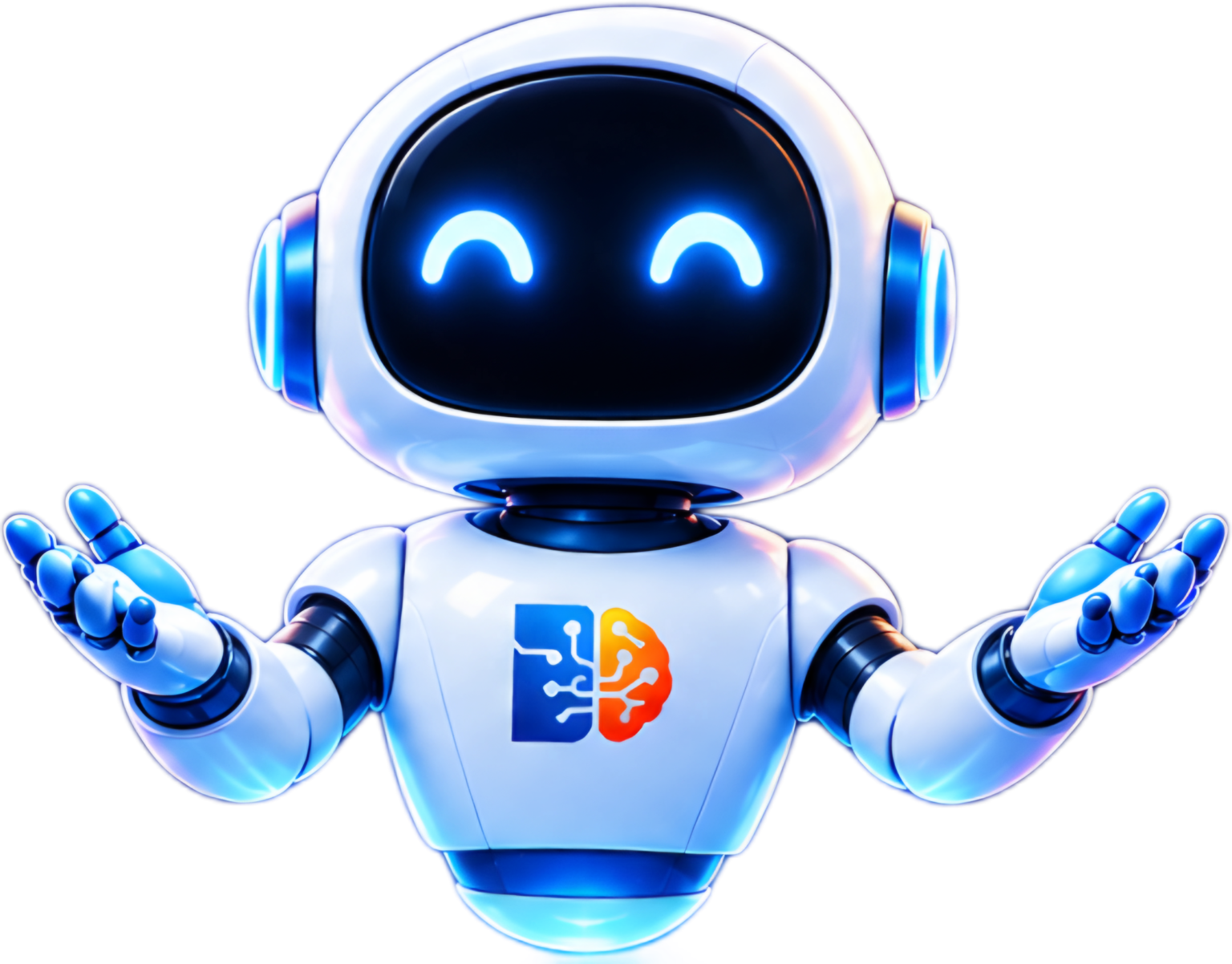 Friendly white robot mascot with glowing blue eyes and open arms, featuring a brain circuit logo on its chest